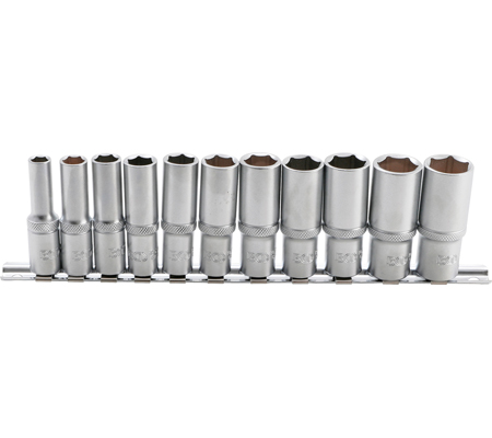 Dugókulcskészlet, hatszögletű, mély | 10 mm (3/8") | 8 - 19 mm | 11 darabos