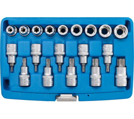 Behajtófej/dugókulcskészlet | 12,5 mm (1/2") | E-profil/T-profil (Torx) | 19 darabos